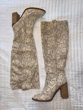 Mi.iM Beige Snake-Print Over-the-Knee Block Heel Boots